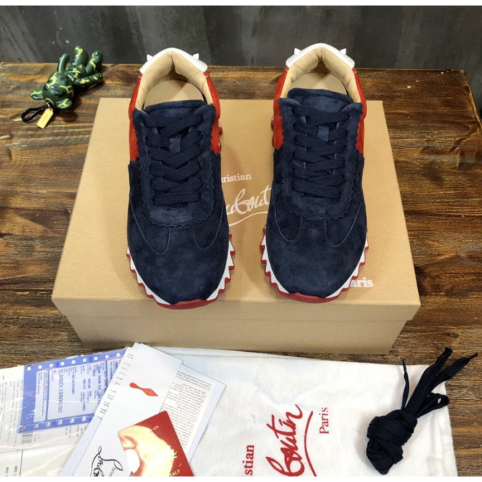 Christian Louboutin Navy‑Red Suede Gold‑Logo Shark‑Tooth Sole Lace‑Up Sneakers