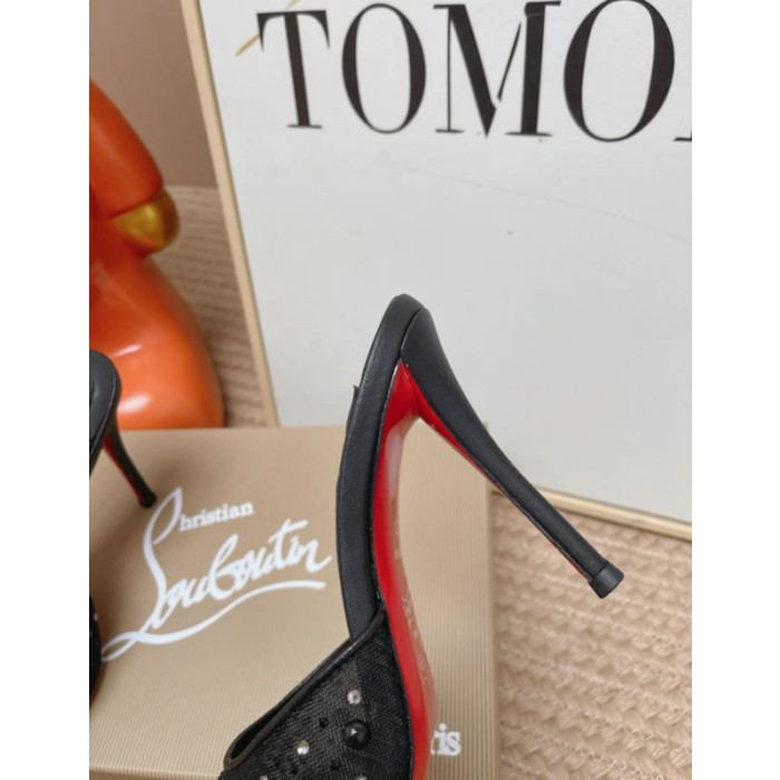 Christian Louboutin Black Tulle Rhinestone 100mm Stiletto Heel Backless Mules