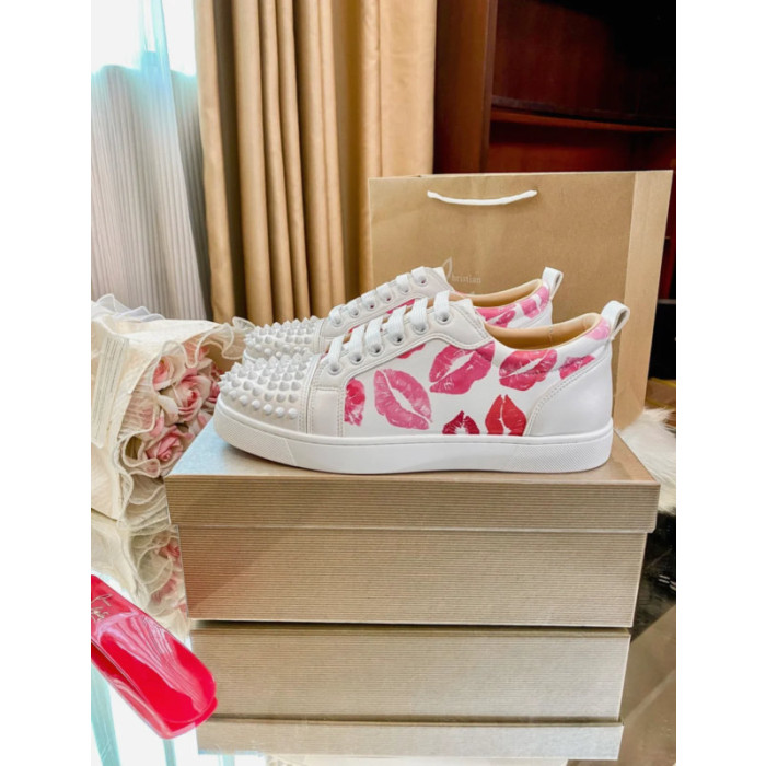Christian Louboutin Lips‑Print Spiked Toe Low‑Top Lace‑Up Sneakers