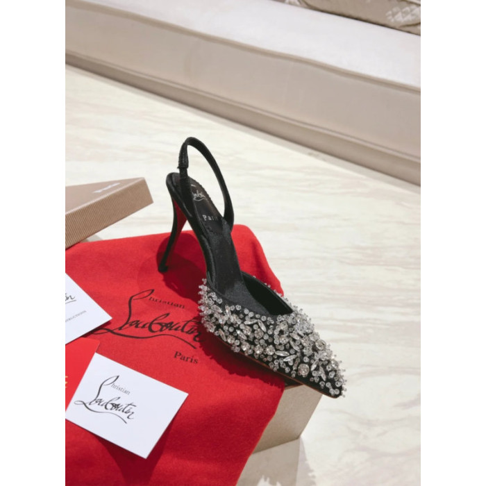 Christian Louboutin Black Fabric Crystal‑Embellished 100mm Pointed‑Toe Slingback Stiletto Heel Pumps