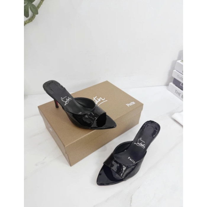 Christian Louboutin Black Patent 100mm Pointed‑Toe Heel Mule Sandals