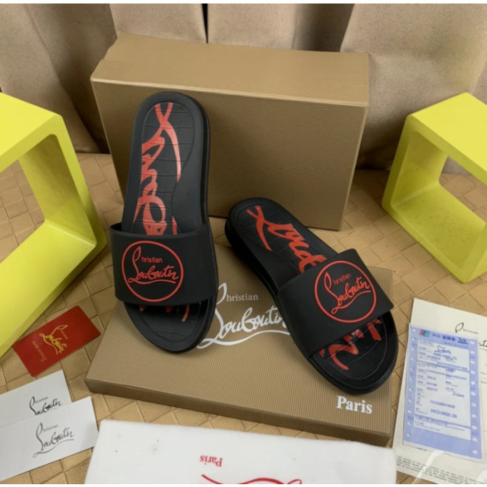 Christian Louboutin Black Rubber Slide Sandals Red Circular Logo Print