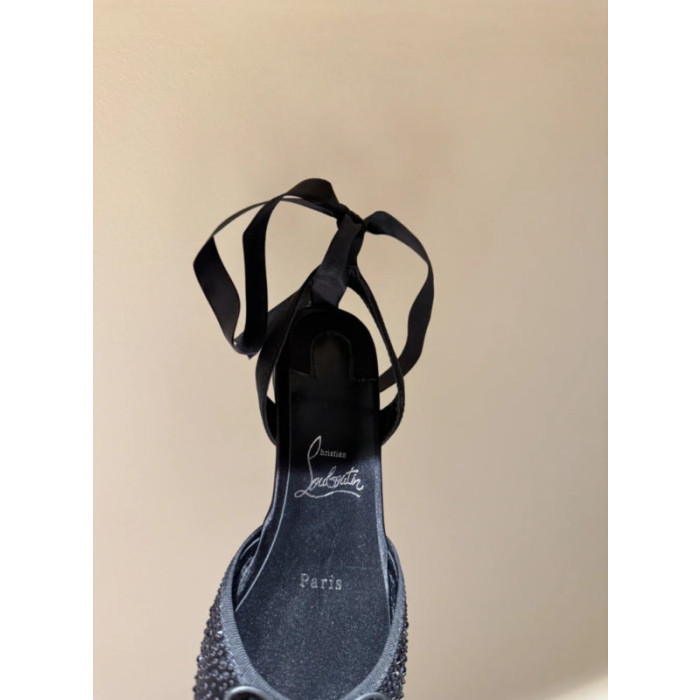 Christian Louboutin Black Crystal Embellished Satin Bow Tie‑Ankle Ballet Flats