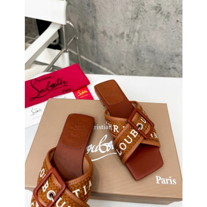 Christian Louboutin Brown Woven Flat Slide Sandals