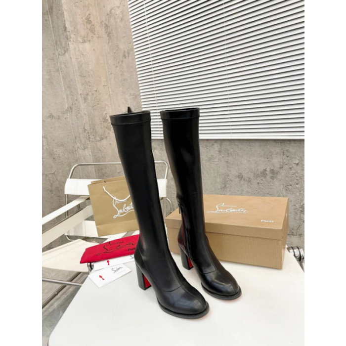 Christian Louboutin Black Smooth Leather 85mm heel Block‑Heel Knee‑High Boots