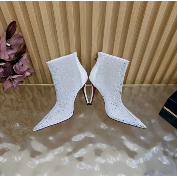 Christian Louboutin White Mesh 100mm Crystal‑Embellished Pointed Toe Stiletto Heel Ankle Boots
