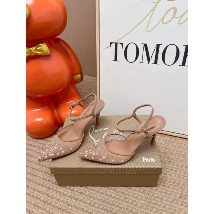 Christian Louboutin Nude Mesh 85mm Pearl‑Crystal‑Embellished Slingback Stiletto Heel Pumps