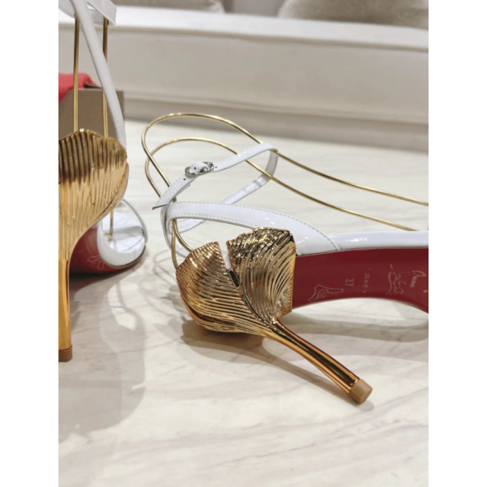 Christian Louboutin White Patent 100mm Gold‑Sculpted Heel Ankle‑Strap Sandals