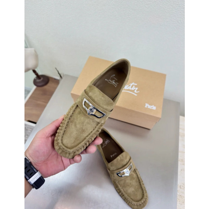 Christian Louboutin Khaki Suede Metal‑Accent Slip‑On Loafers