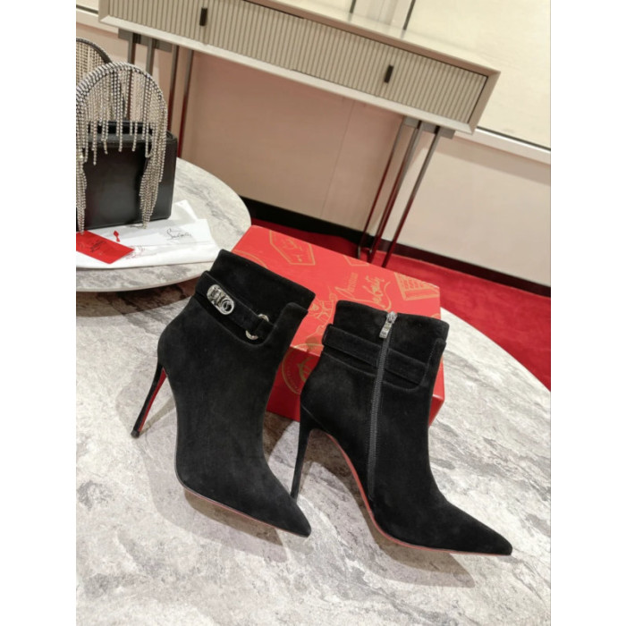 Christian Louboutin Black Suede 100mm Lock‑Buckle Pointed Toe Ankle Boots
