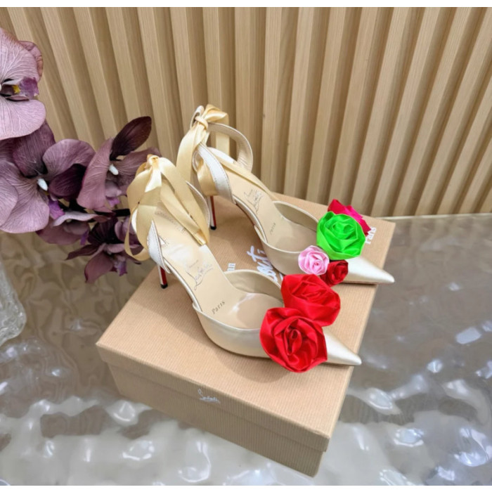 Christian Louboutin Ivory Satin Multicolor Fabric Flower 100mm Stiletto Heel Slingback Pumps