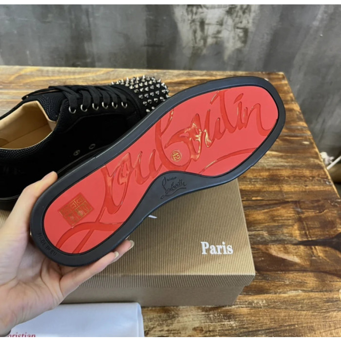 Christian Louboutin Black Textile Silver‑Spiked Low‑Top Sneakers