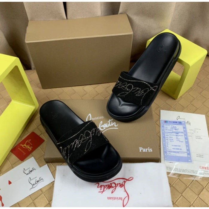 Christian Louboutin Black Suede Silver‑Rhinestone Graffiti Logo Slide Sandals