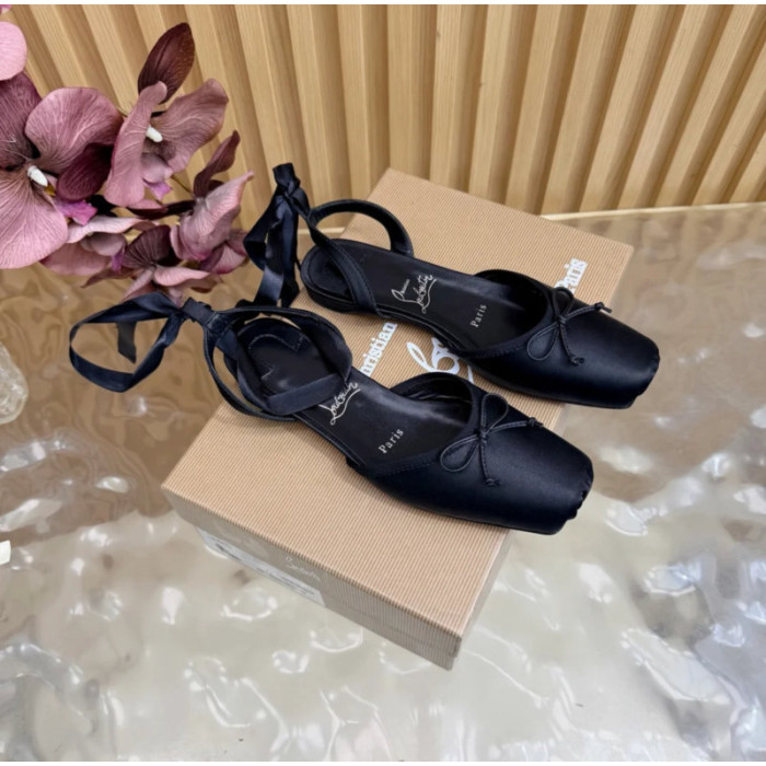 Christian Louboutin Black Satin Bow Ankle‑Tie Slingback Ballet Flats