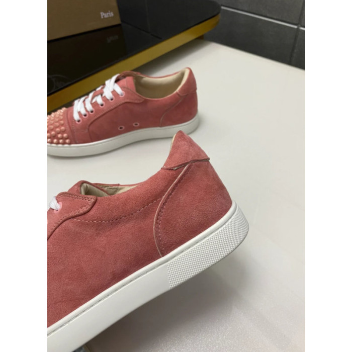 Christian Louboutin Dusty Pink Suede Spike‑Toe Low‑Top Sneakers