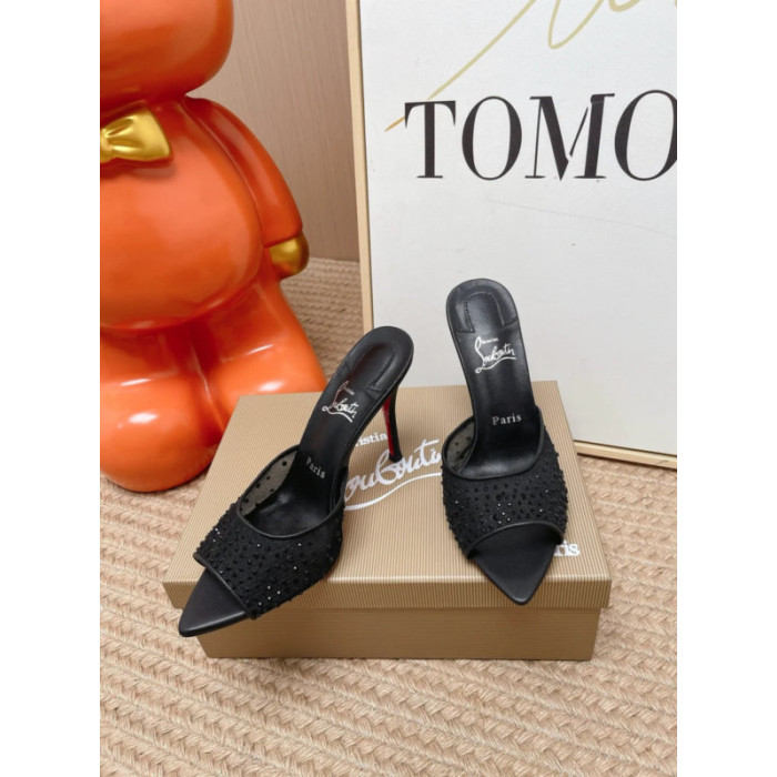 Christian Louboutin Black Mesh Crystal‑Embellished 100mm Stiletto Heel Mules