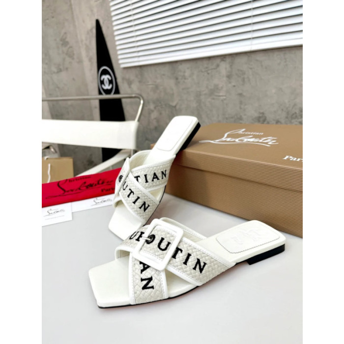 Christian Louboutin White Woven Flat Slide Sandals