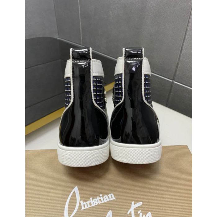 Christian Louboutin White Leather Geometric‑Print Silver‑Spiked High‑Top Sneakers