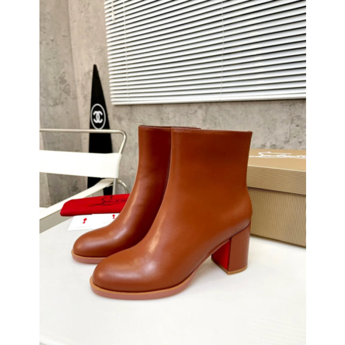 Christian Louboutin Tan Smooth Leather 85mm Block‑Heel Side‑Zip Ankle Boots