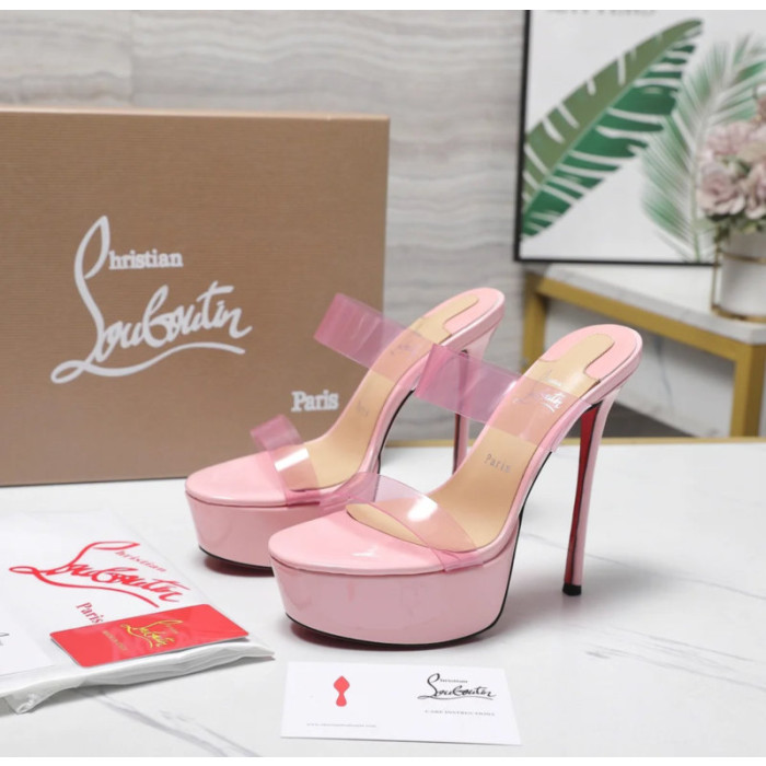 Christian Louboutin Pink Patent 150mm Clear‑Strap Heel Platform Mules