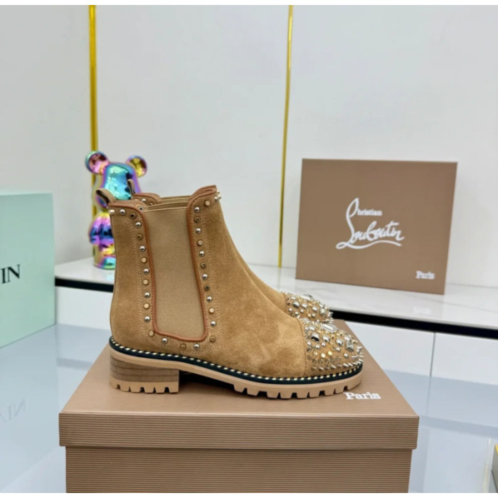 Christian Louboutin Tan Suede Silver‑Spiked Chelsea Ankle Boots Block Heel