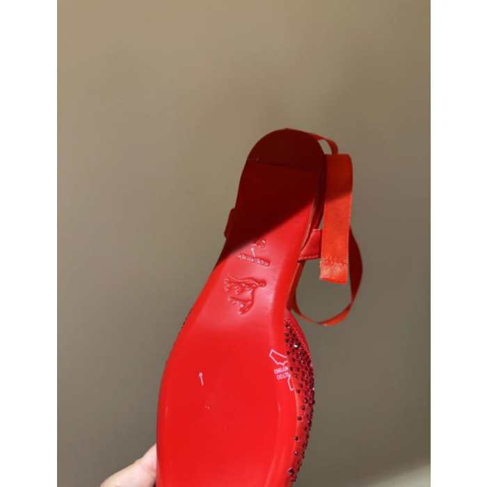 Christian Louboutin Red Satin Crystal Tie‑Ankle Ballet Flats