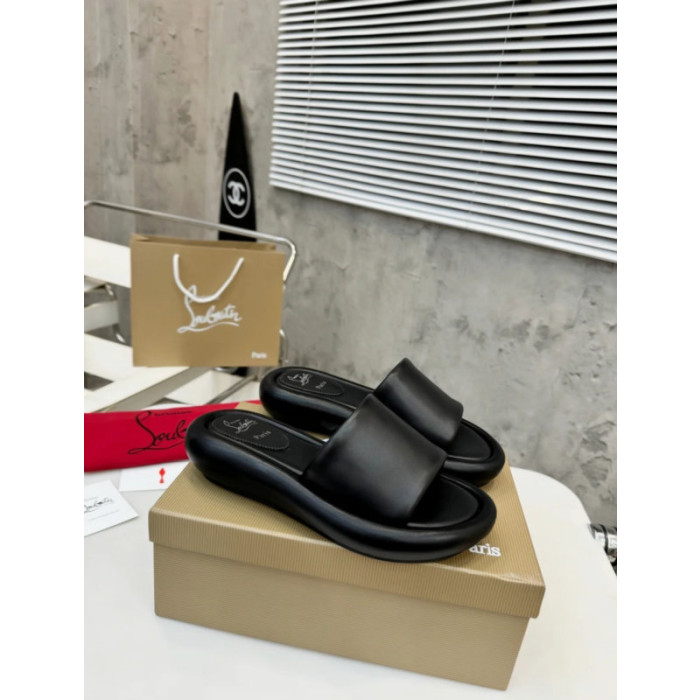 Christian Louboutin Black Leather Platform Flat Slide Sandal