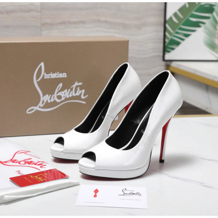 Christian Louboutin Lady Z 120 White Patent Peep‑Toe Platform Stiletto Heel Pumps