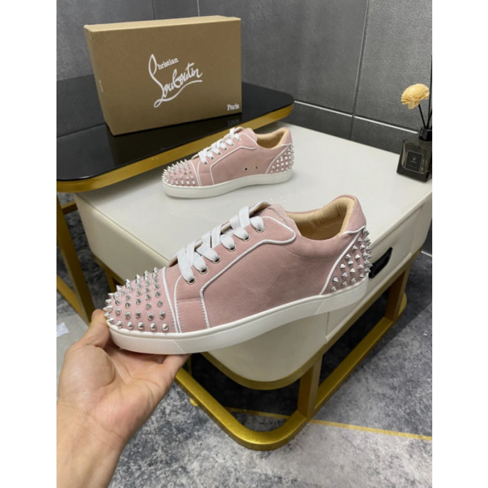 Christian Louboutin Pink Suede Silver‑Spiked Low‑Top Sneakers