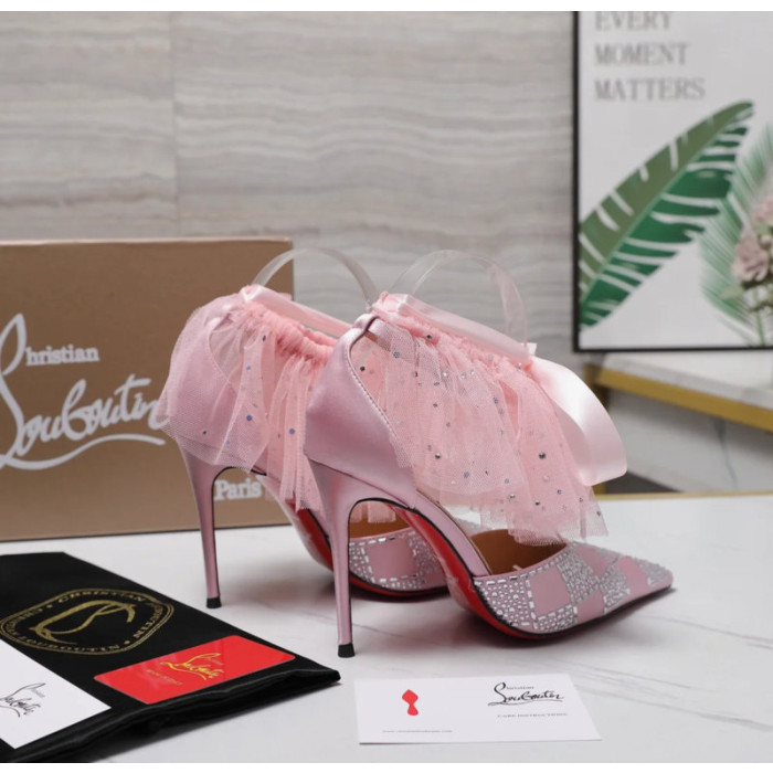 Christian Louboutin Pastel Pink Satin Checkerboard Crystal Tulle Ruffle 100mm Stiletto Heel Pumps