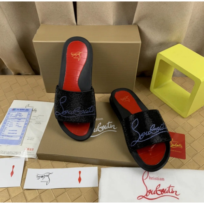 Christian Louboutin Black Slide Sandals With Blue Crystal Logo