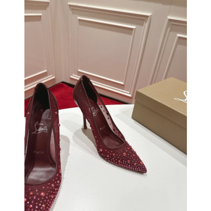 Christian Louboutin Burgundy Mesh Crystal 100mm Stiletto Heel Pumps