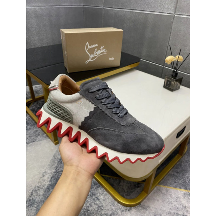 Christian Louboutin Grey Suede Red Zigzag Sole Low‑Top Sneakers