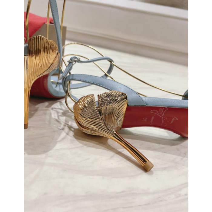 Christian Louboutin Light Blue Leather 100mm Gold‑Sculpted Heel Ankle‑Strap Sandals