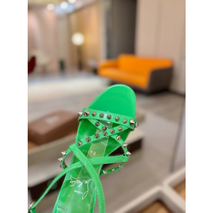 Christian Louboutin Green Patent Studded Ankle‑Strap Stiletto Heel Sandals 120mm heel