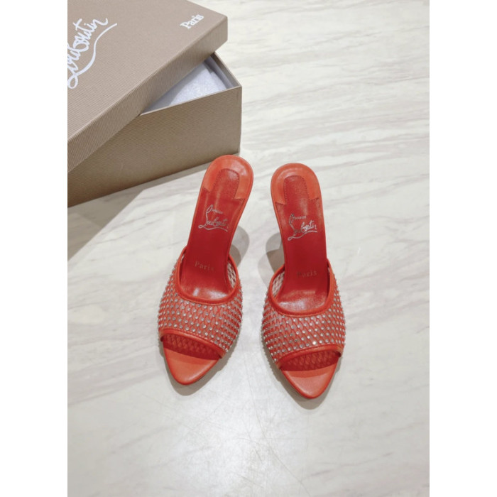 Christian Louboutin Red Mesh Crystal‑Embellished 100mm Peep‑Toe Stiletto Heel Mules
