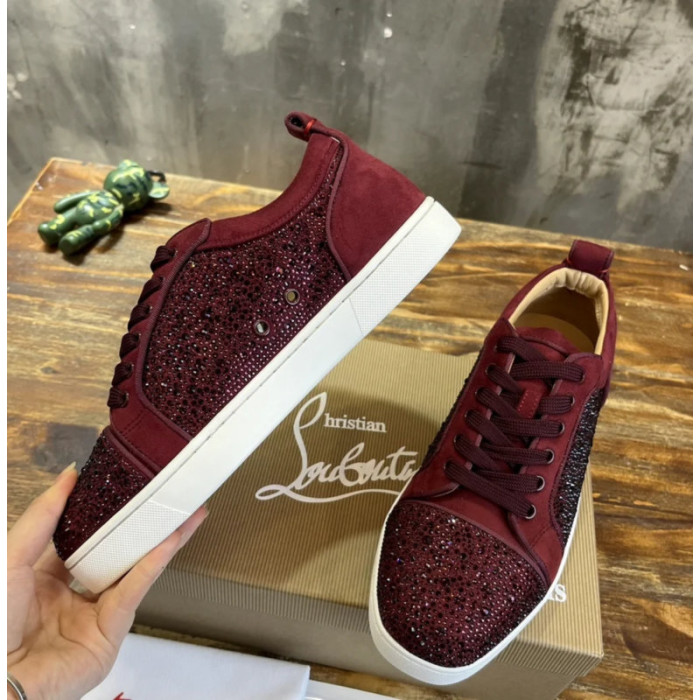 Christian Louboutin Burgundy Suede Crystal‑Embellished Low‑Top Sneakers
