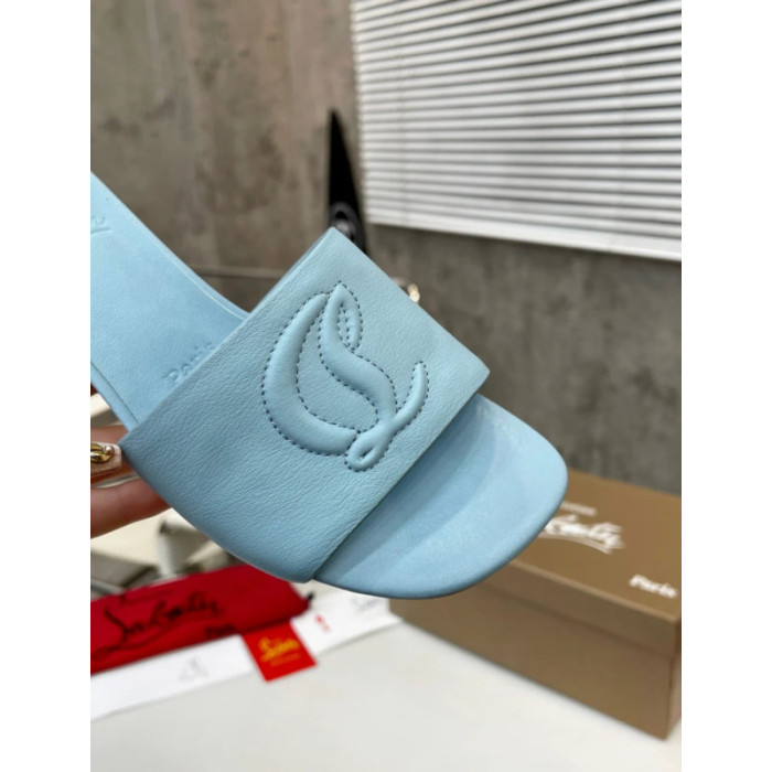 Christian Louboutin Light Blue Leather 55mm heel Block Heel Slide Sandal