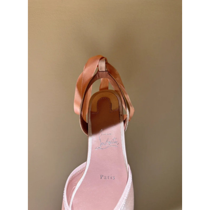 Christian Louboutin Blush Pink Satin Bow Tie‑Ankle Flat Ballet Sandals