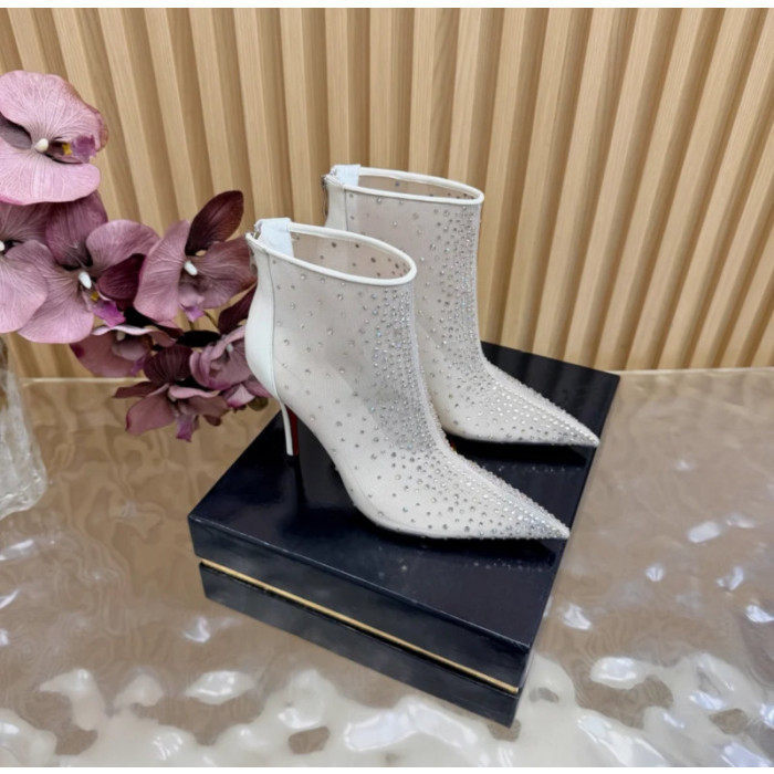 Christian Louboutin Ivory Mesh 100mm Crystal‑Embellished Pointed Toe Stiletto Heel Ankle Boots