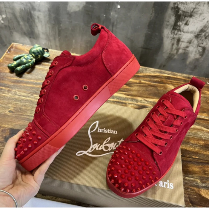 Christian Louboutin Red Suede Monochrome Spiked Low‑Top Men’s Sneakers