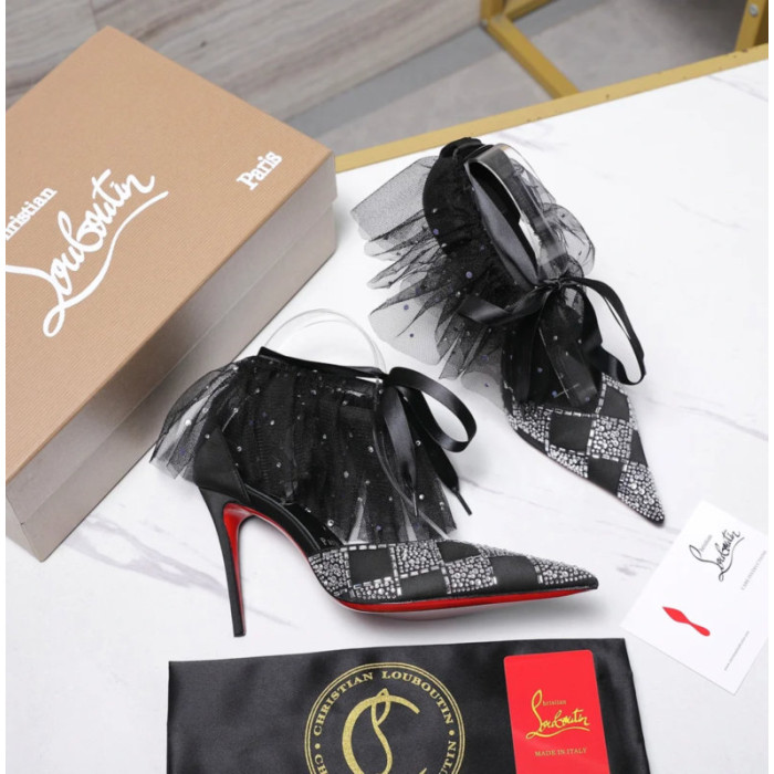 Christian Louboutin Black Satin Checkerboard Crystal Tulle Ruffle 100mm Stiletto Heel Pumps