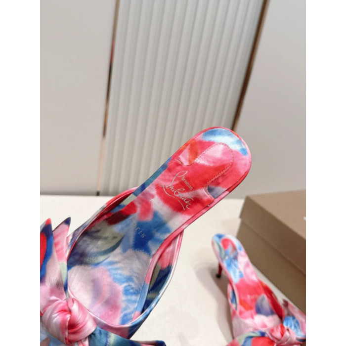 Christian Louboutin Floral‑Print Satin Bow 55mm Pointed‑Toe Mule Heels
