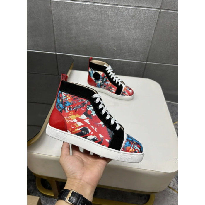 Christian Louboutin Red Graffiti Print High‑Top Sneakers