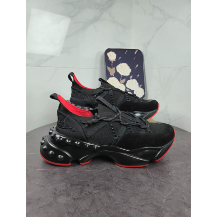 Christian Louboutin Black Spiked‑Sole Chunky Lace‑Up Sneakers With Red Lining