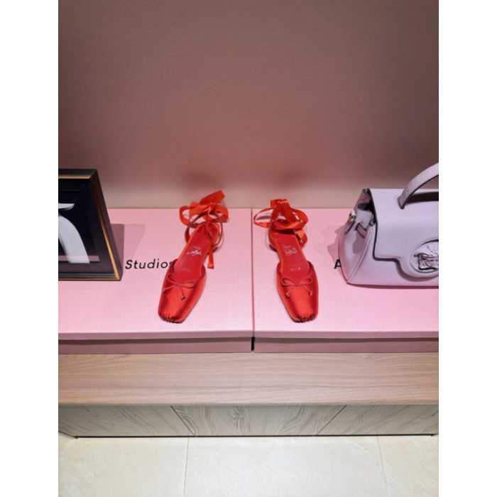Christian Louboutin Red Satin Bow Tie‑Ankle Flat Ballet Sandals
