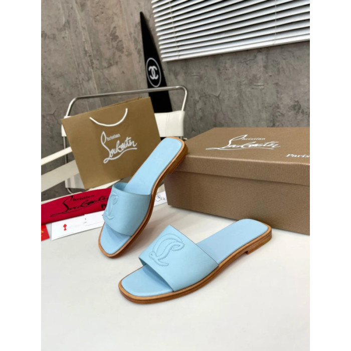 Christian Louboutin Sky‑Blue Leather Stitched Logo Wood‑trim Flat Slide