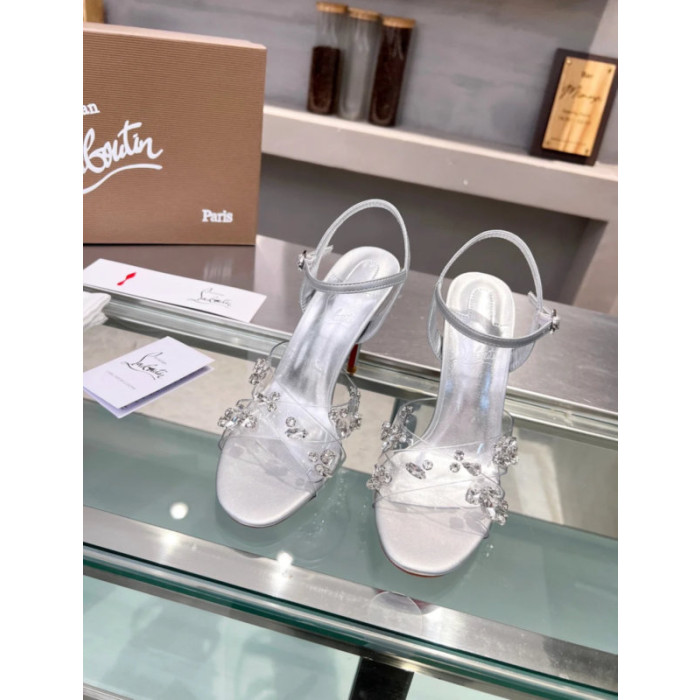 Christian Louboutin Silver Metallic Crystal‑Adorned 100mm Stiletto heel Sandals