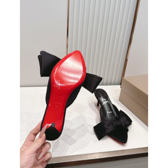 Christian Louboutin Black Satin Bow 55mm Pointed‑Toe Mule Heels