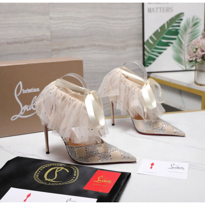 Christian Louboutin Ivory Satin Checkerboard Crystal Tulle Ruffle 100mm Stiletto Heel Pumps
